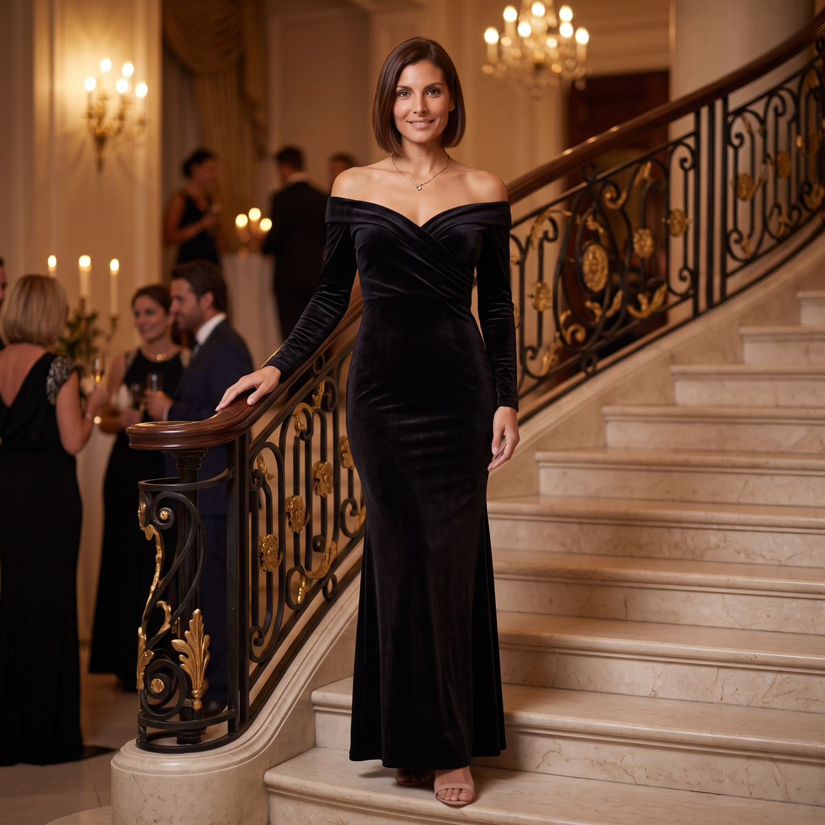 Vestido Terciopelo Mujer Escote Bardot - Negro - Lifestyle