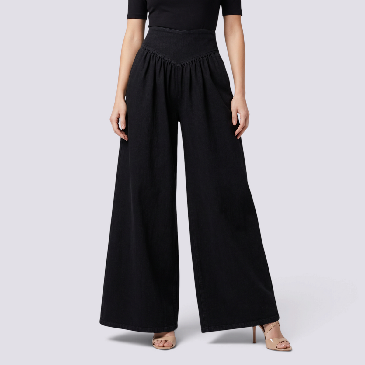 Pantalón palazzo mujer extra ancho con frunces en negro, vista frontal