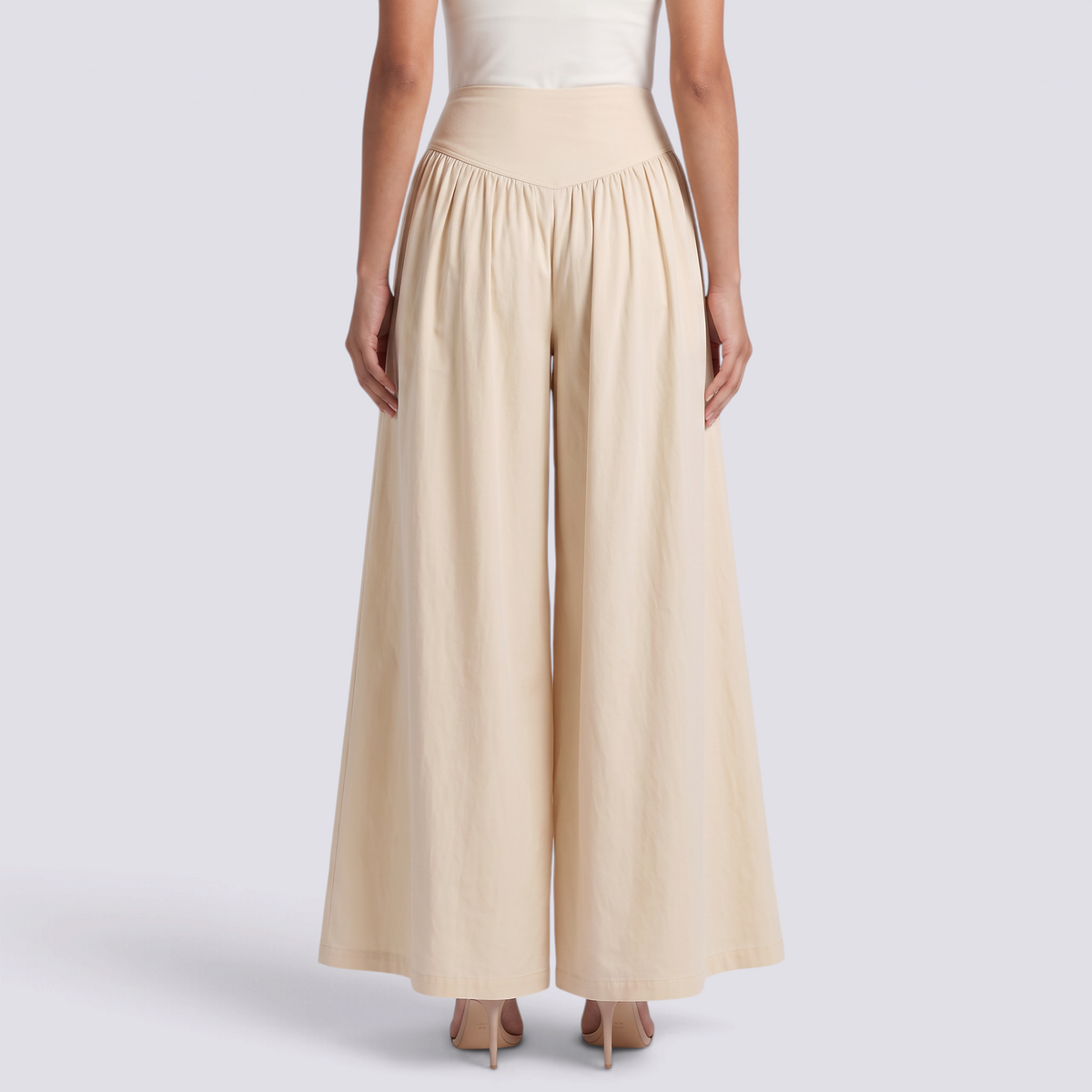 Pantalón palazzo mujer extra ancho con frunces en albaricoque, vista trasera