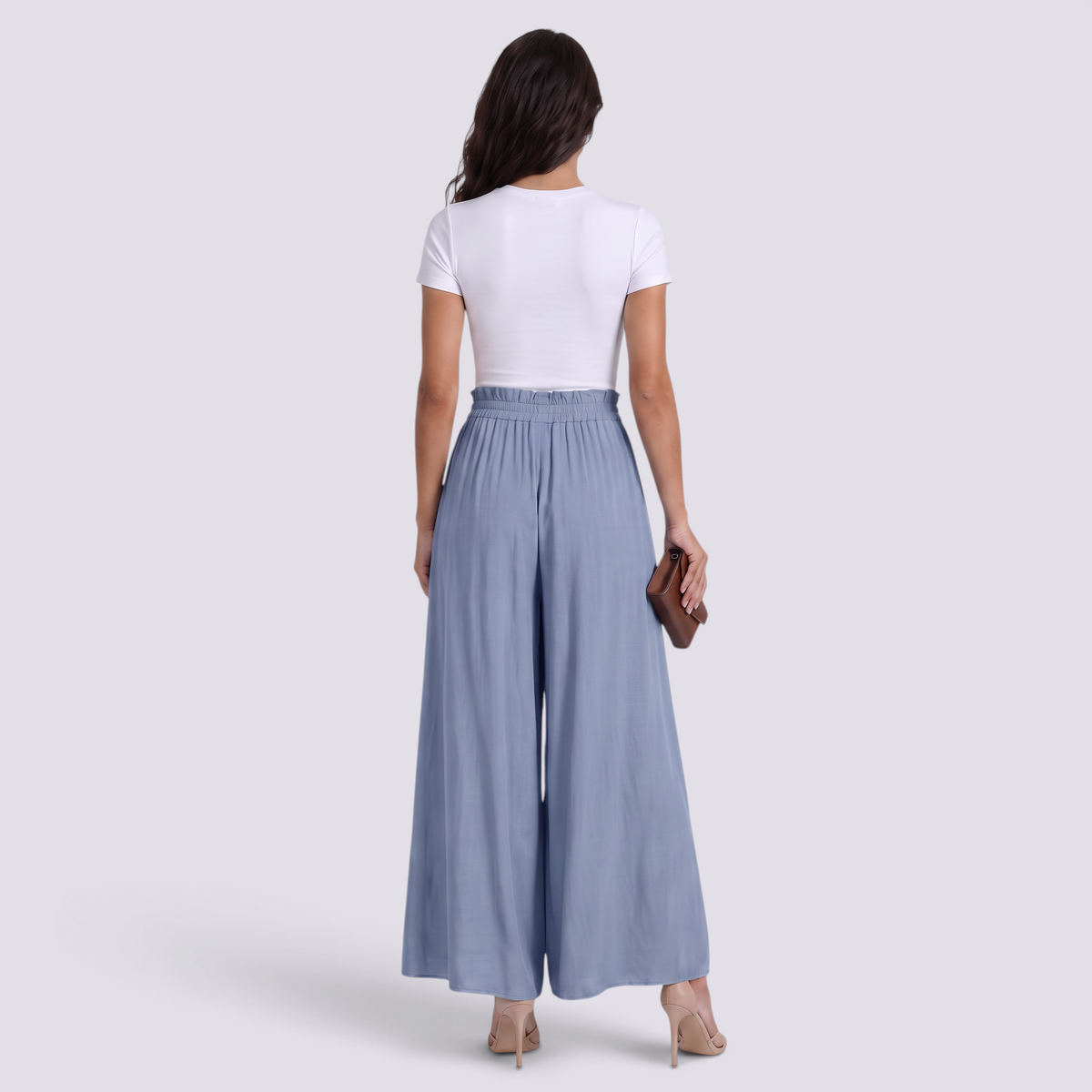 Pantalón Palazzo Mujer Cordón Ajustable - Azul Celeste - Vista Trasera