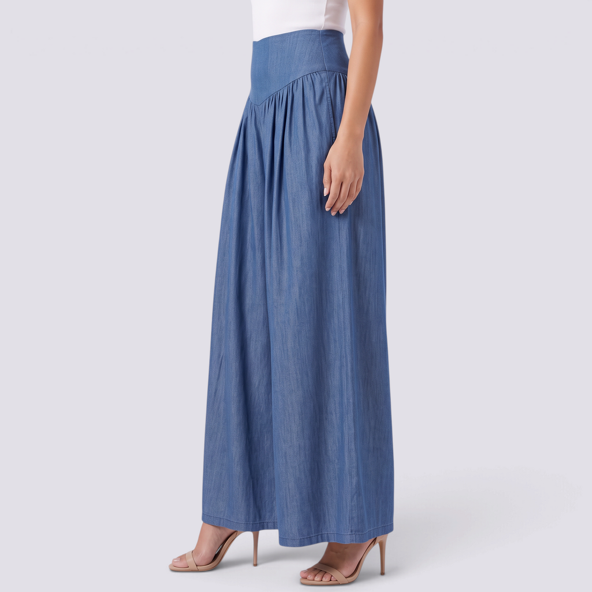 Pantalón palazzo mujer extra ancho con frunces en azul vaquero, vista lateral