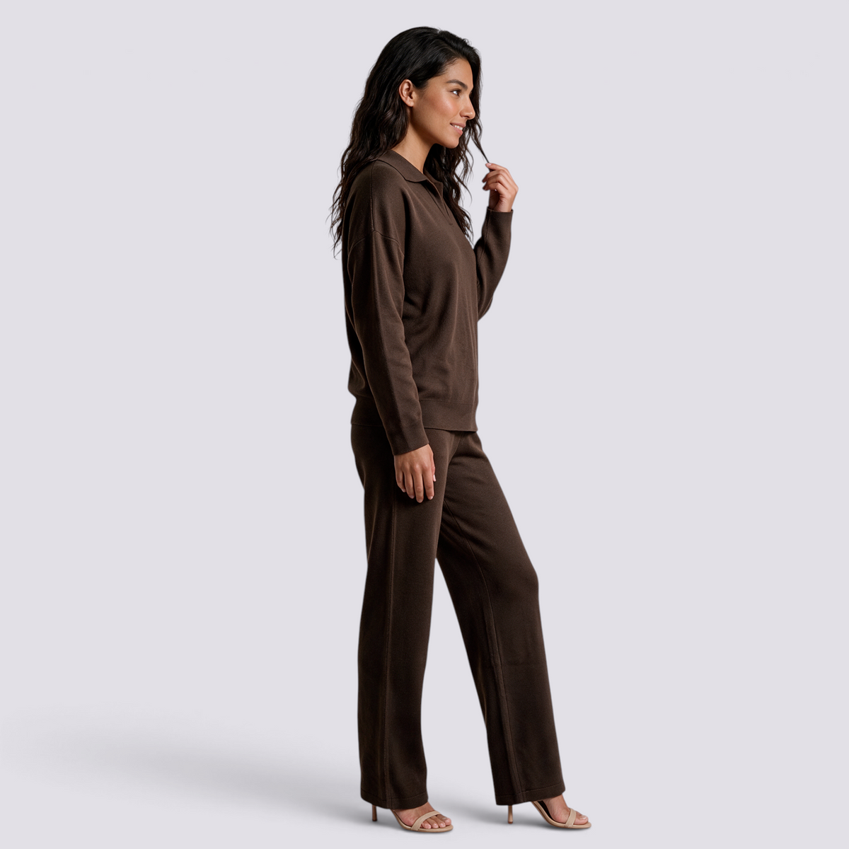 Conjunto Punto Mujer Pantalón Recto - Marrón lateral