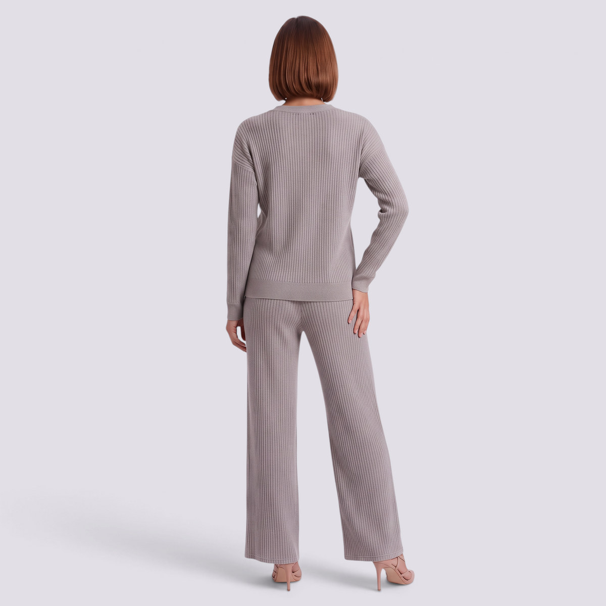 Conjunto Punto Mujer Pantalón Ancho - Gris Claro - Espalda