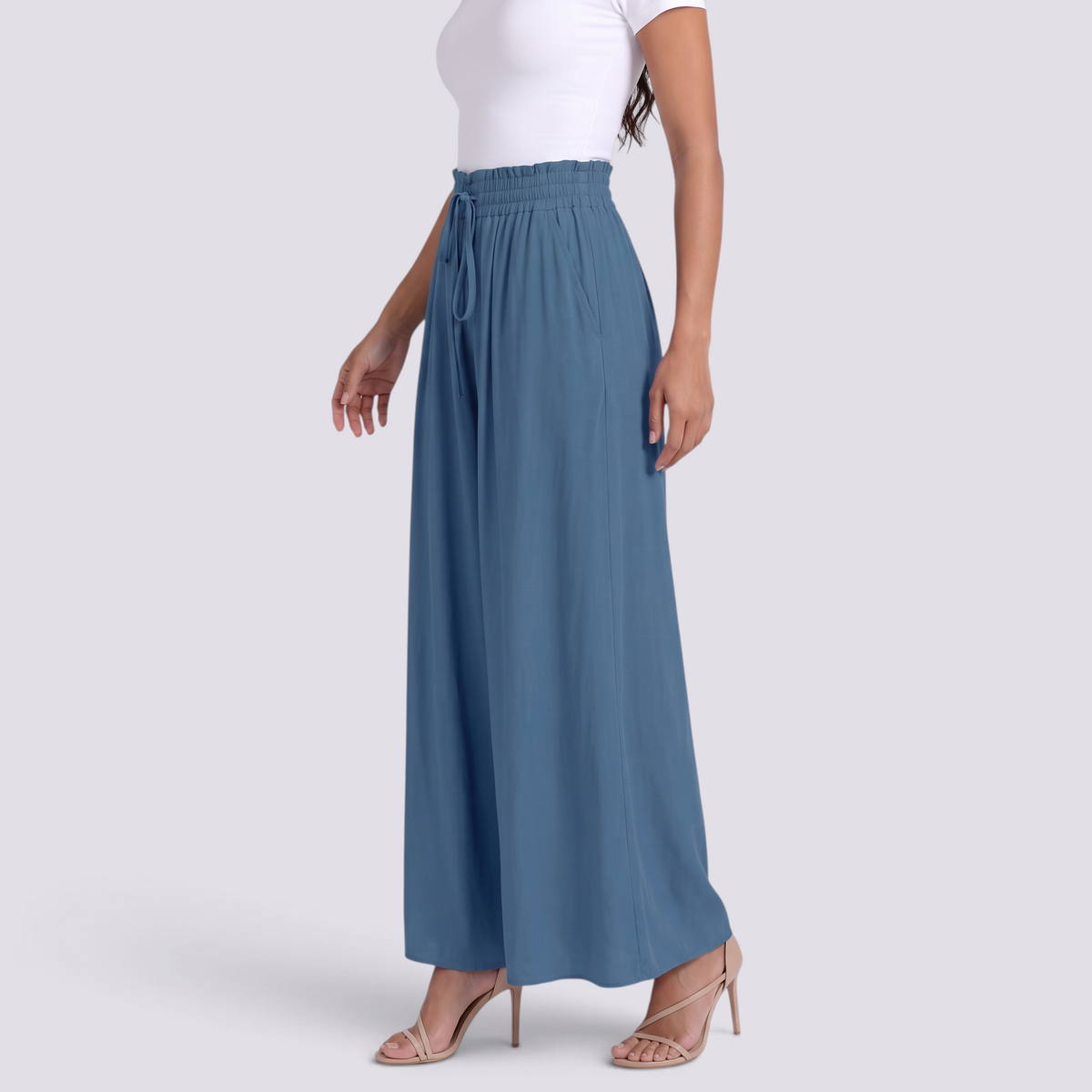 Pantalón Palazzo Mujer Cordón Ajustable - Azul Acero - Vista Lateral