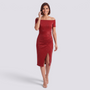 Vestido midi brillante hombros descubiertos rojo, vista frontal