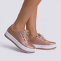 Zapatillas de plataforma de mujer en oro rosa con cordones de cinta, vista lateral