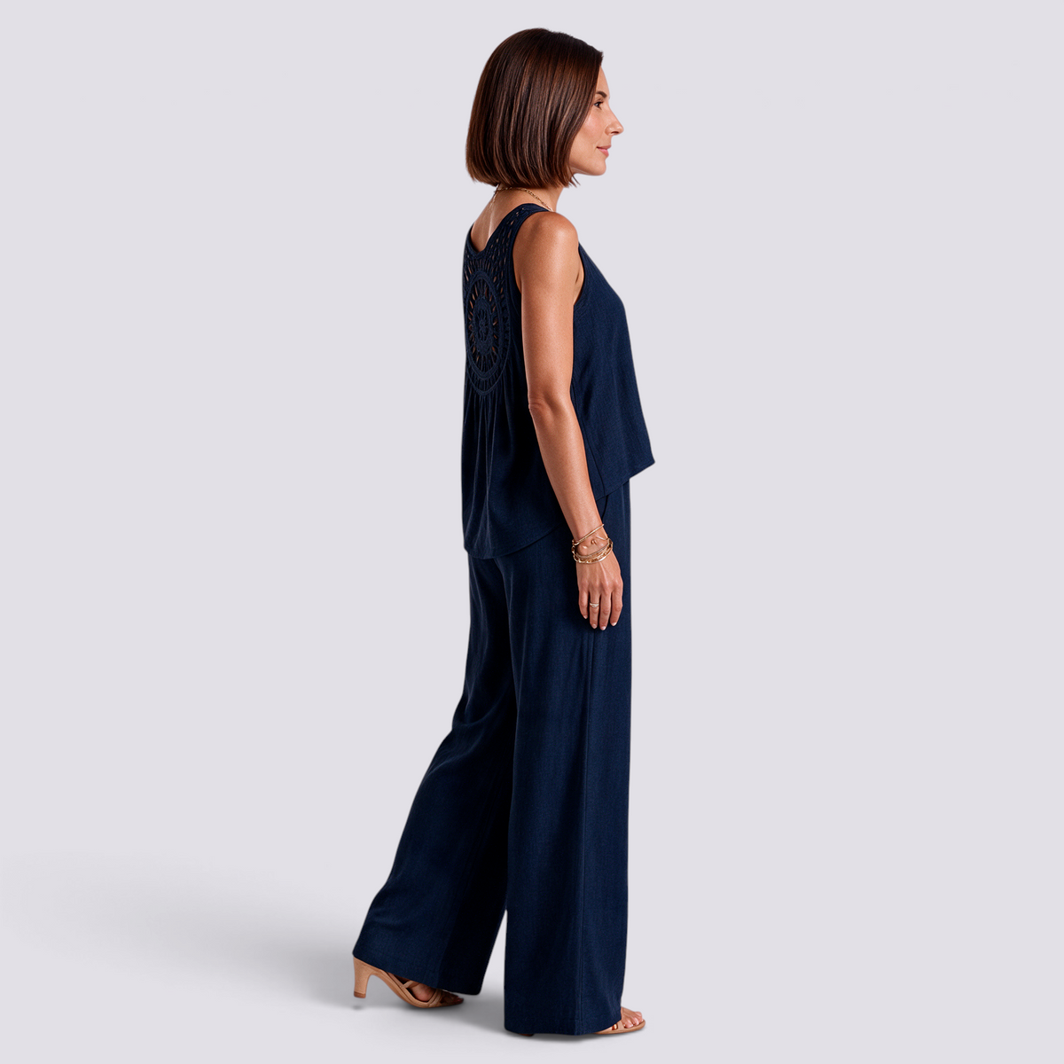 Conjunto Top Calado Pantalón Ancho Mujer - Azul Marino - Lateral