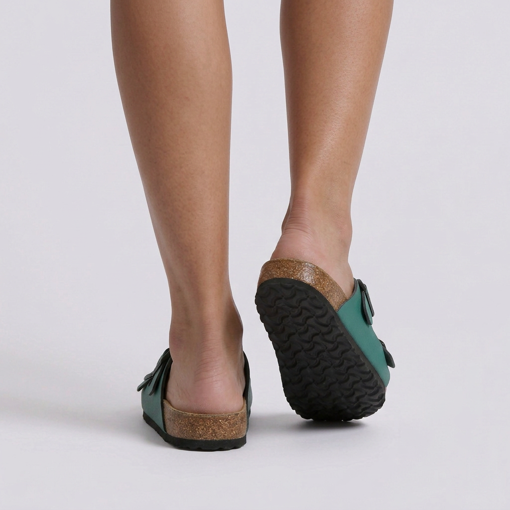 Sandalias planas mujer hebilla doble corcho verde oscuro vista trasera