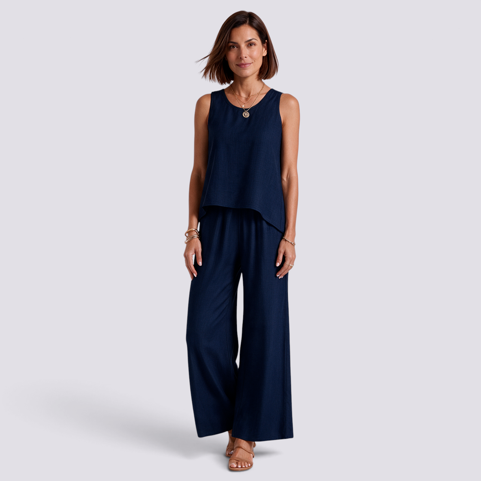 Conjunto Top Calado Pantalón Ancho Mujer - Azul Marino - Frontal