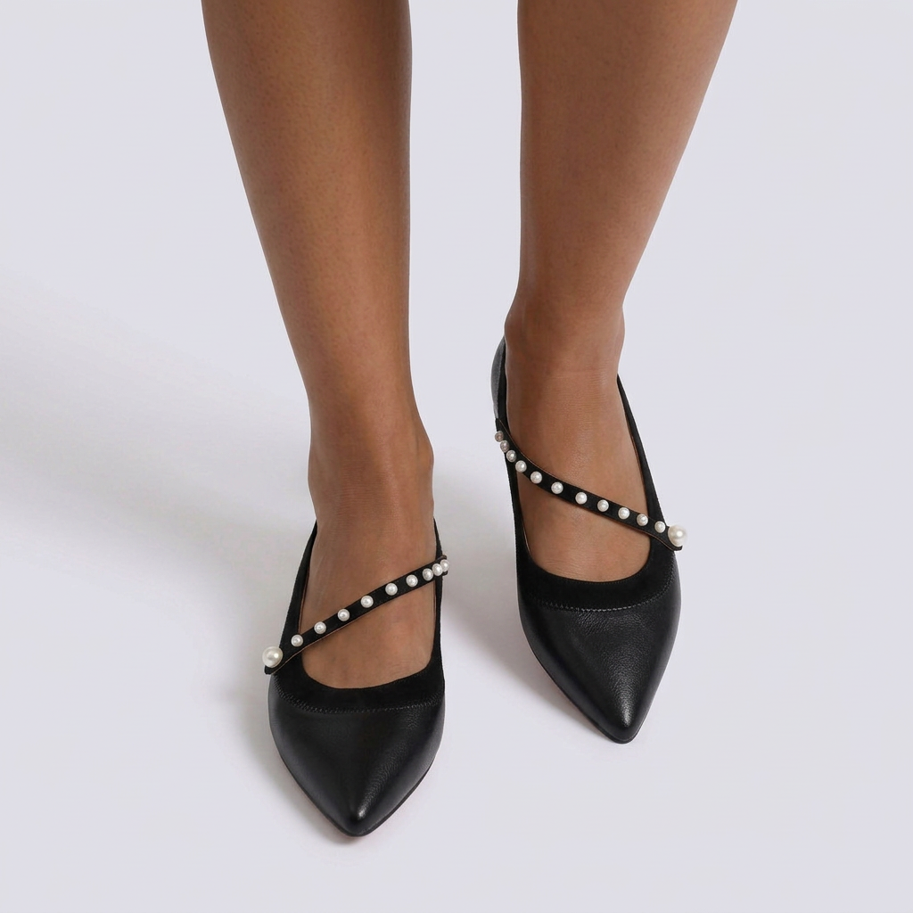 Bailarinas Mujer con Tira de Perlas - Negro - Frontal