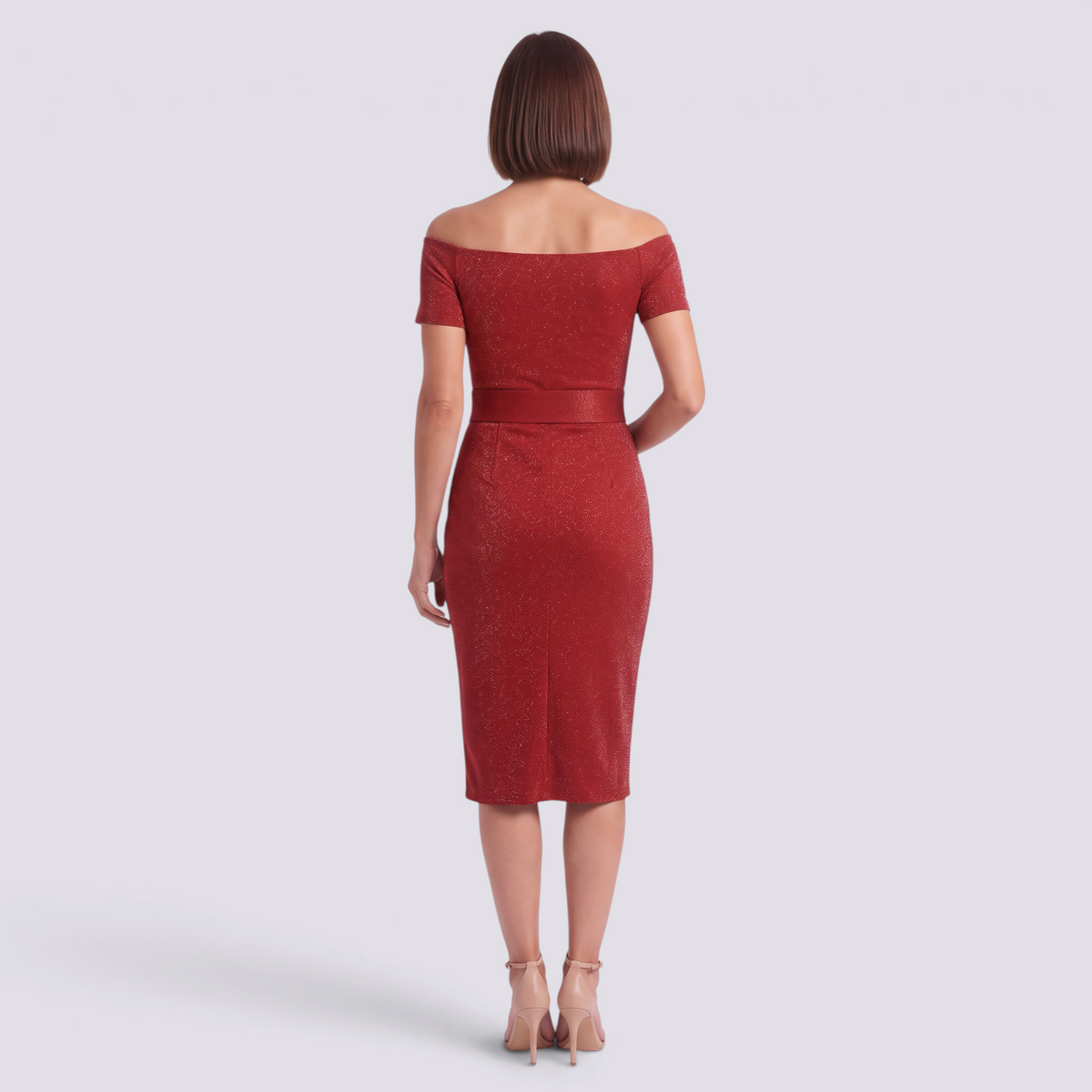 Vestido midi brillante hombros descubiertos rojo, vista trasera