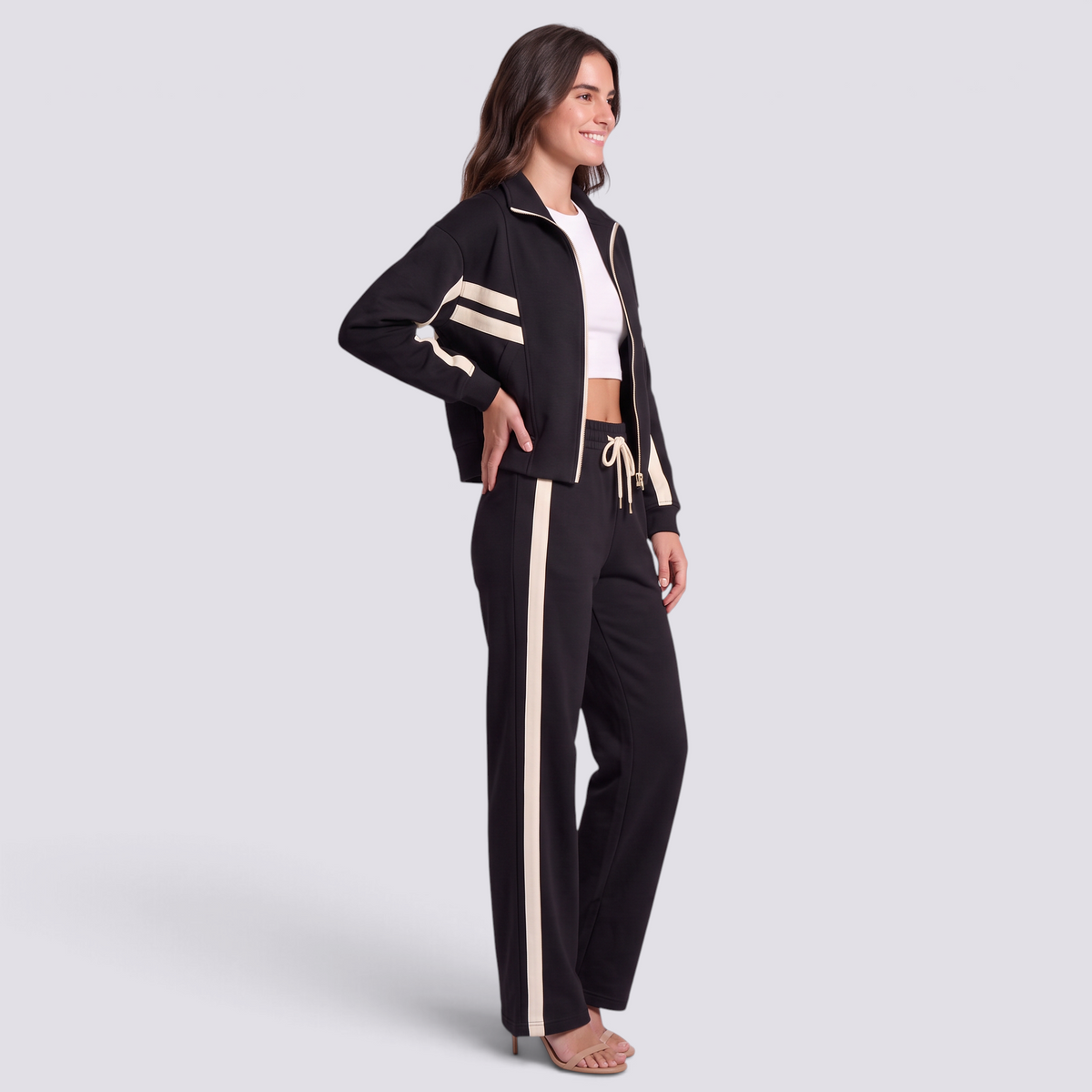Chándal Mujer Dos Piezas con Cremallera y Rayas Negro vista lateral