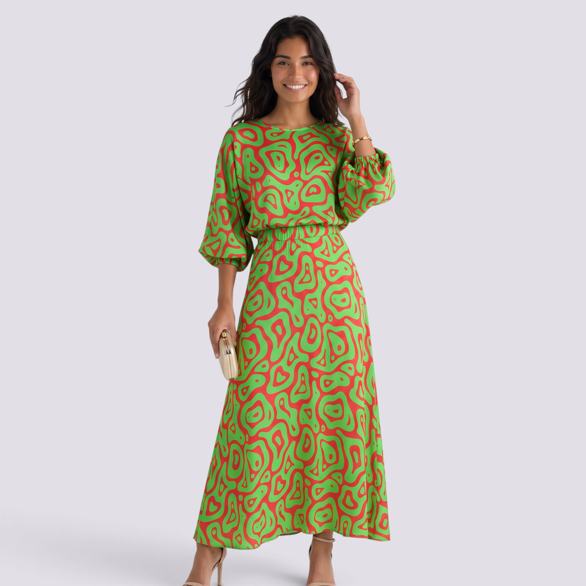 Conjunto Estampado Top y Falda Mujer - Verde y Rojo - front