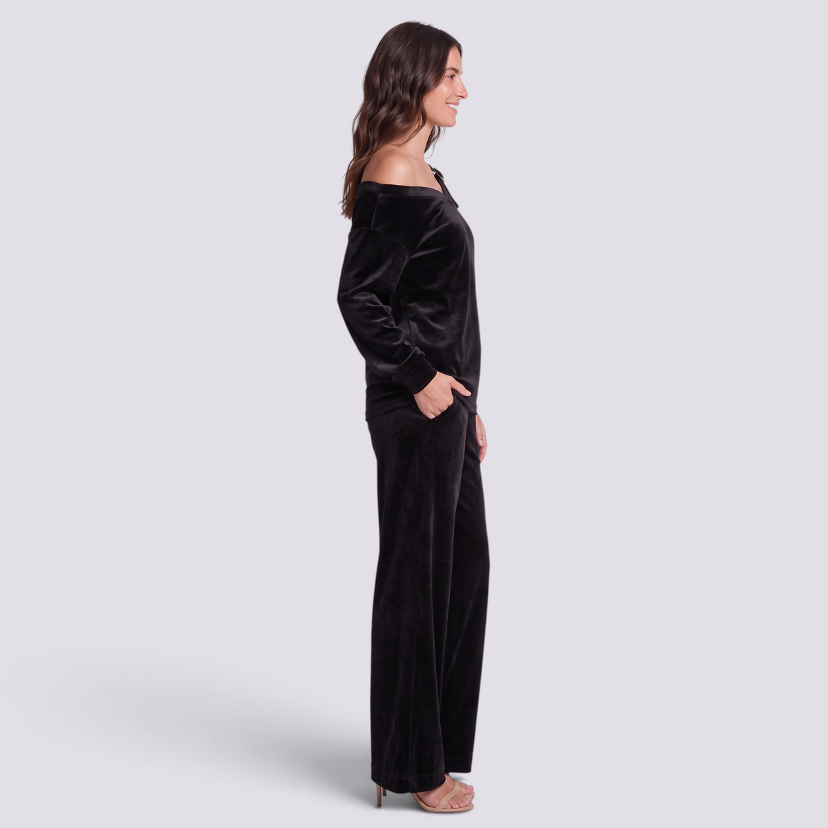 Conjunto Mujer Hombro Asimétrico y Pantalón Ancho - Negro - lateral