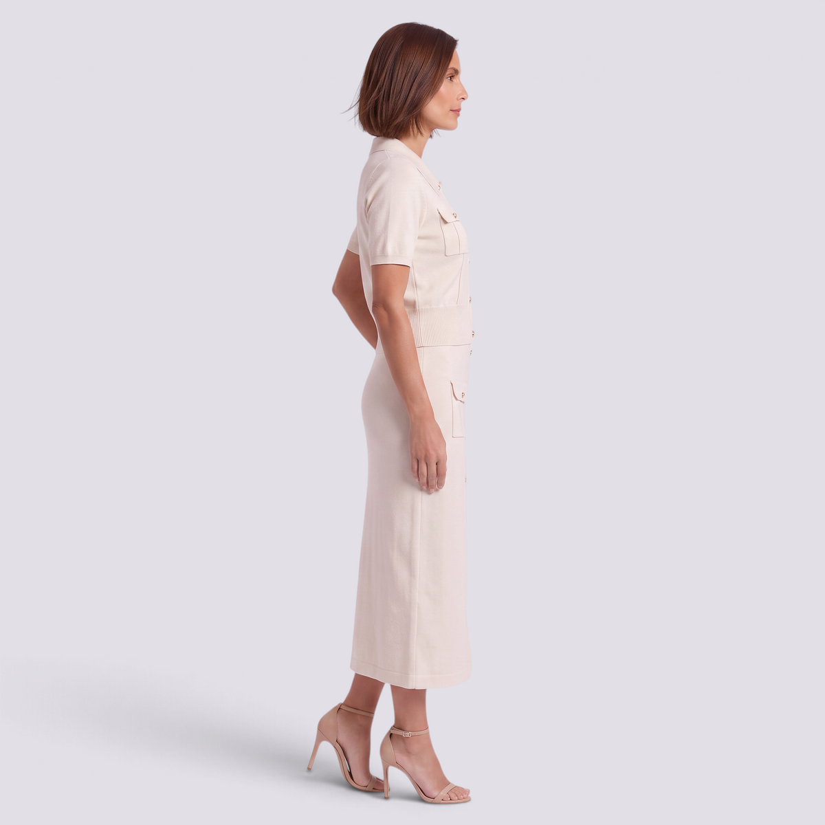Conjunto punto mujer polo y falda con botones, blanco crema, vista lateral