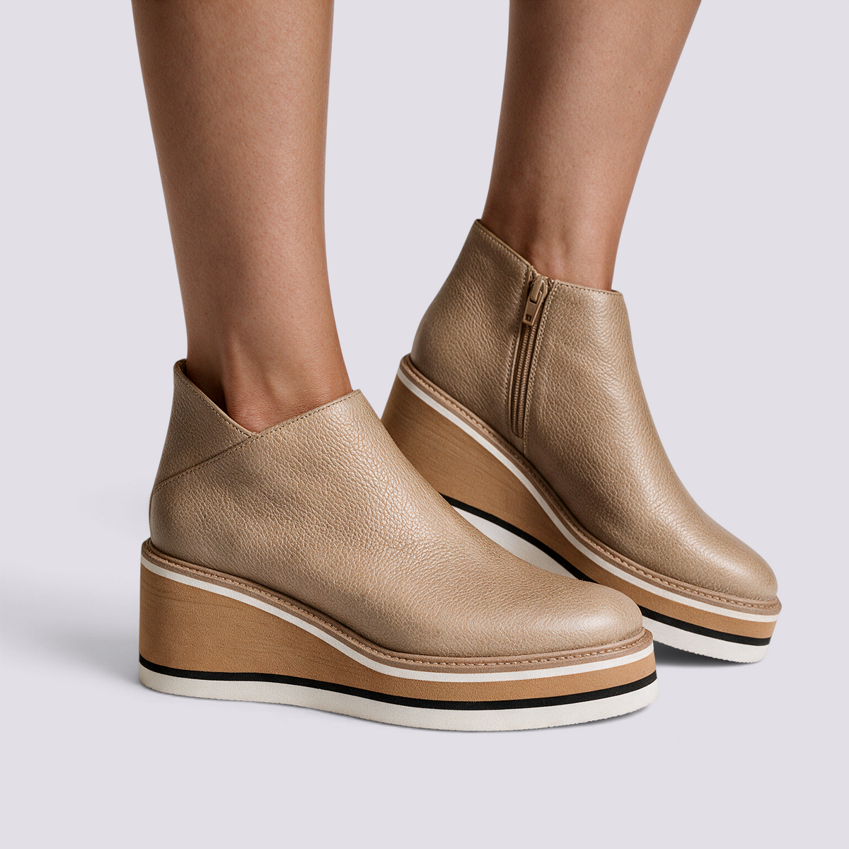 Botines Planos con Cremallera Lateral Mujer - Beige - Vista Lateral