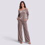 Conjunto Mujer Hombro Asimétrico y Pantalón Ancho - Marrón Topo - frontal