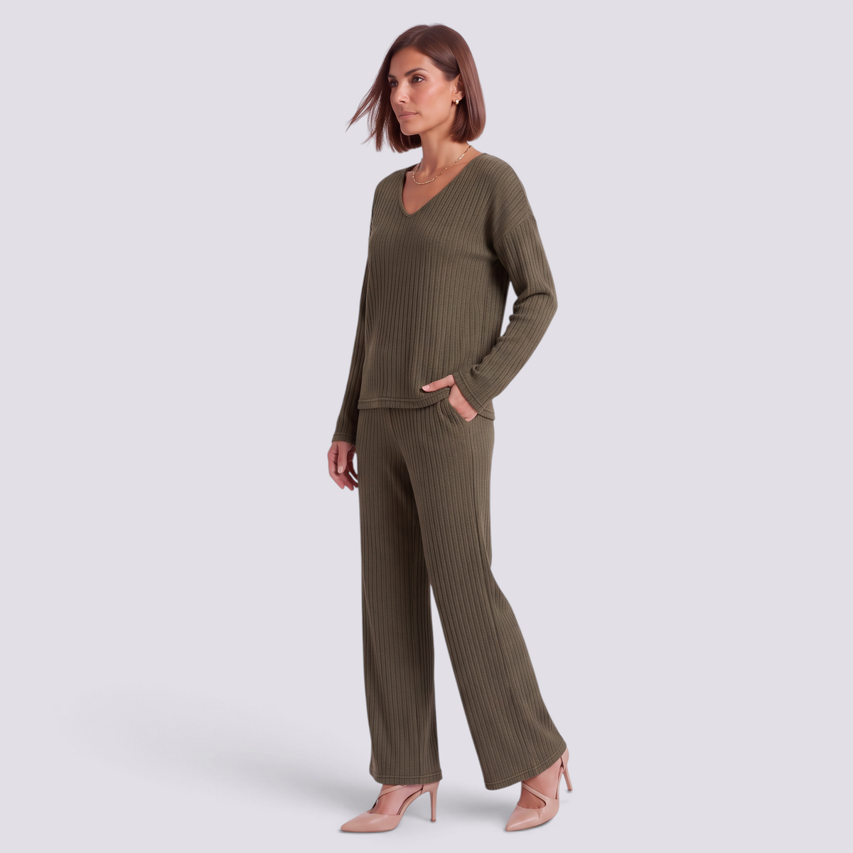 Conjunto Punto Mujer Pantalón Ancho - Verde Militar - Lateral
