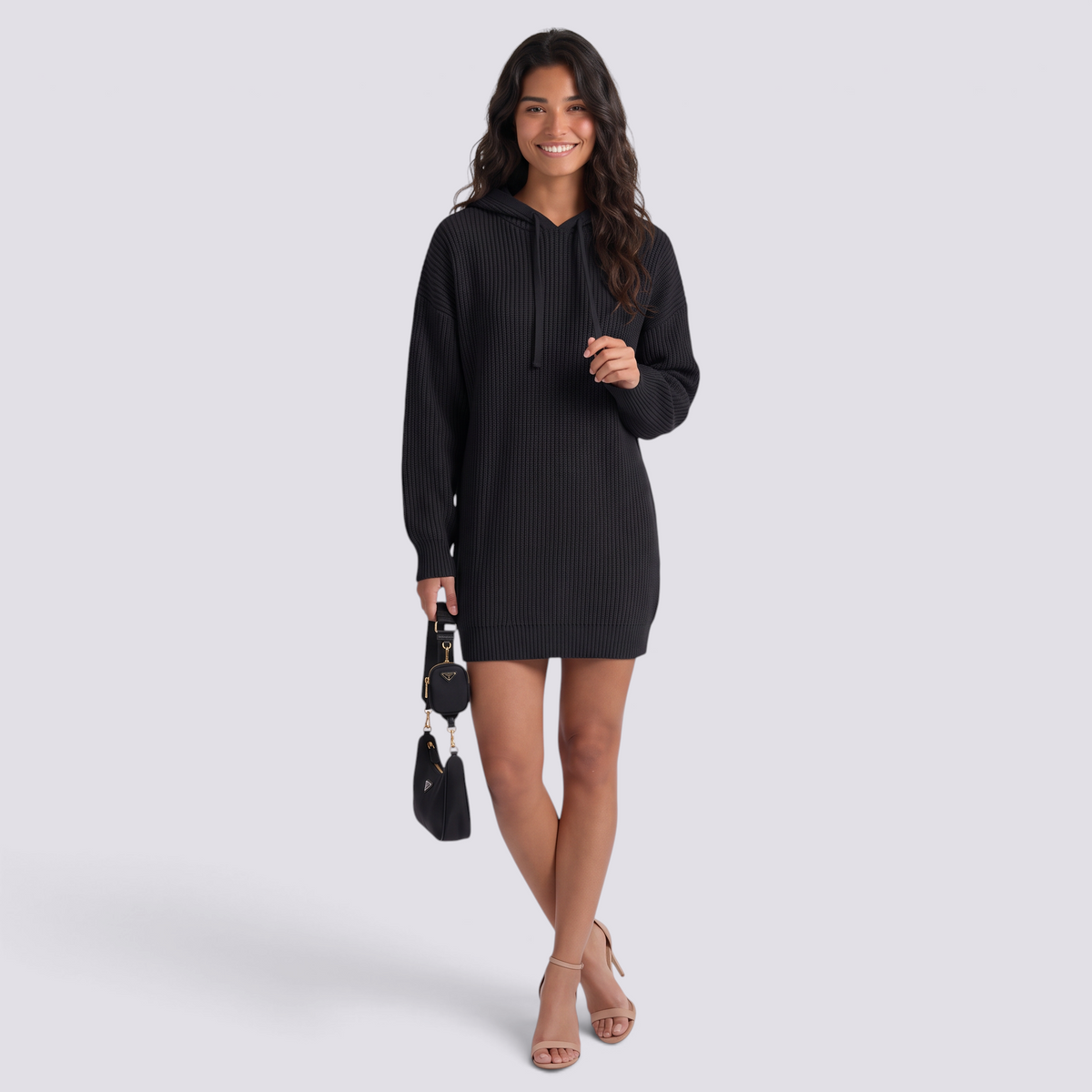 Vestido Punto Capucha Oversize Mujer Manga Larga - Negro - Frontal