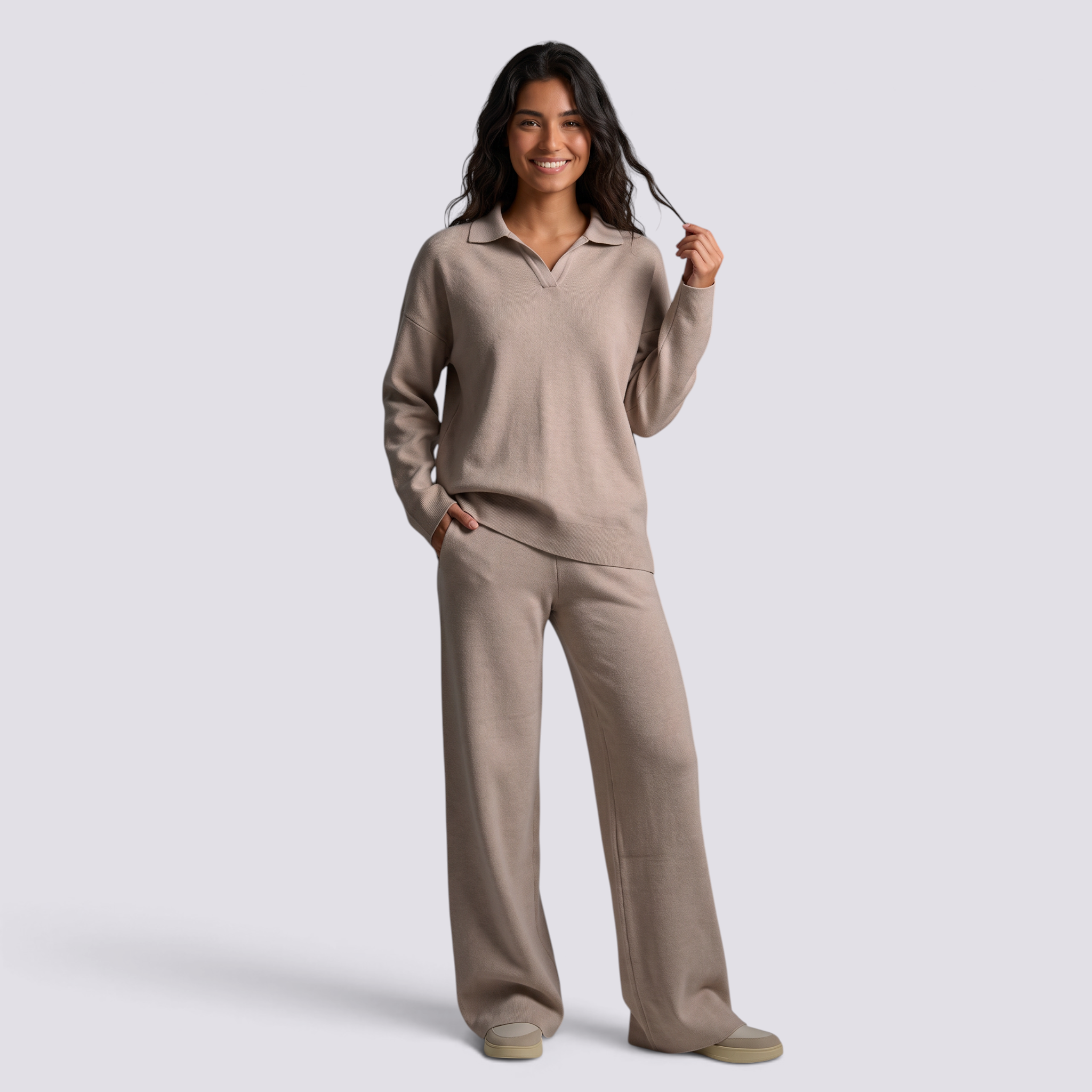 Conjunto Punto Mujer Pantalón Recto - Caqui frontal