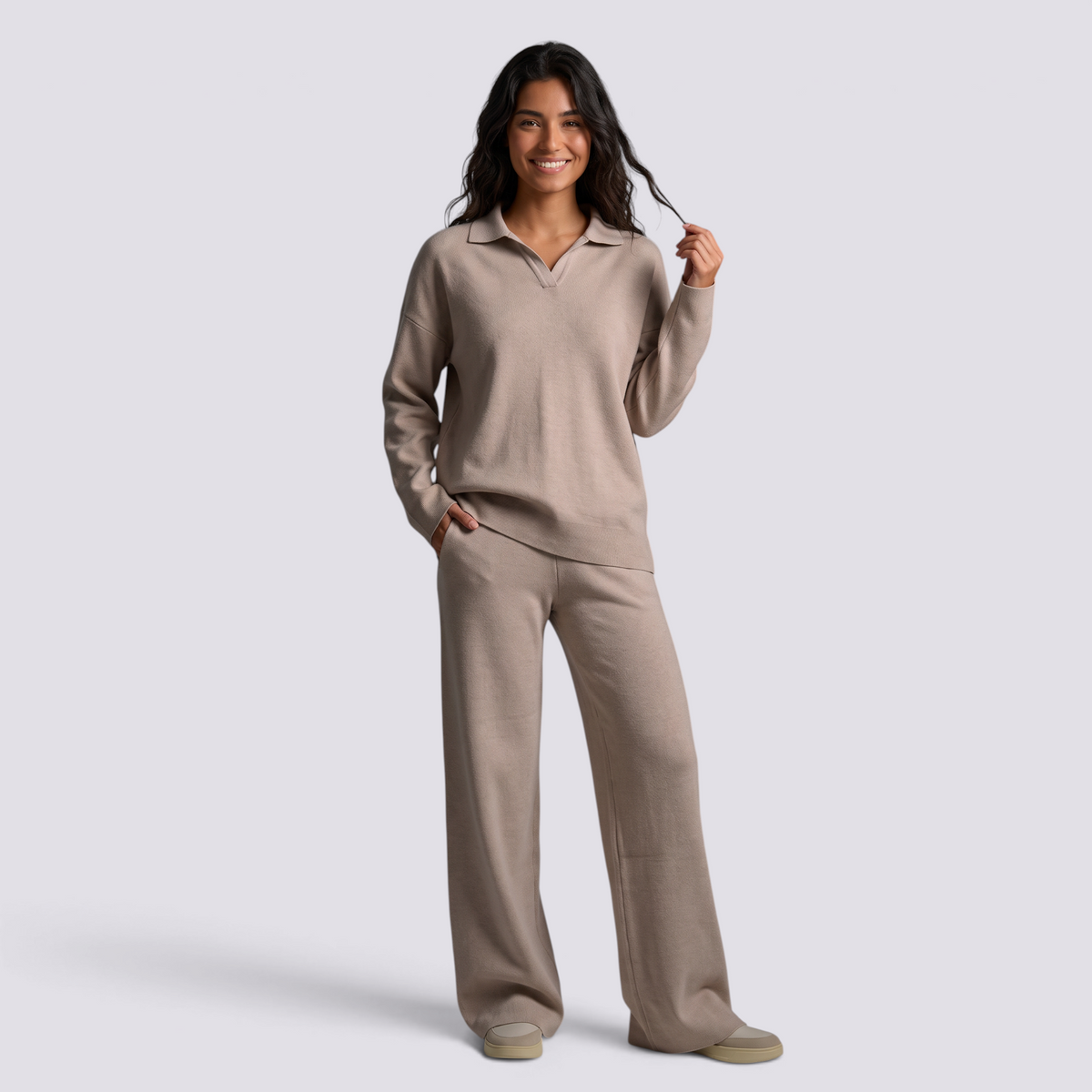 Conjunto Punto Mujer Pantalón Recto - Caqui frontal