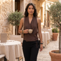 Top Mujer Cuello Pico Marrón Elegante - lifestyle café
