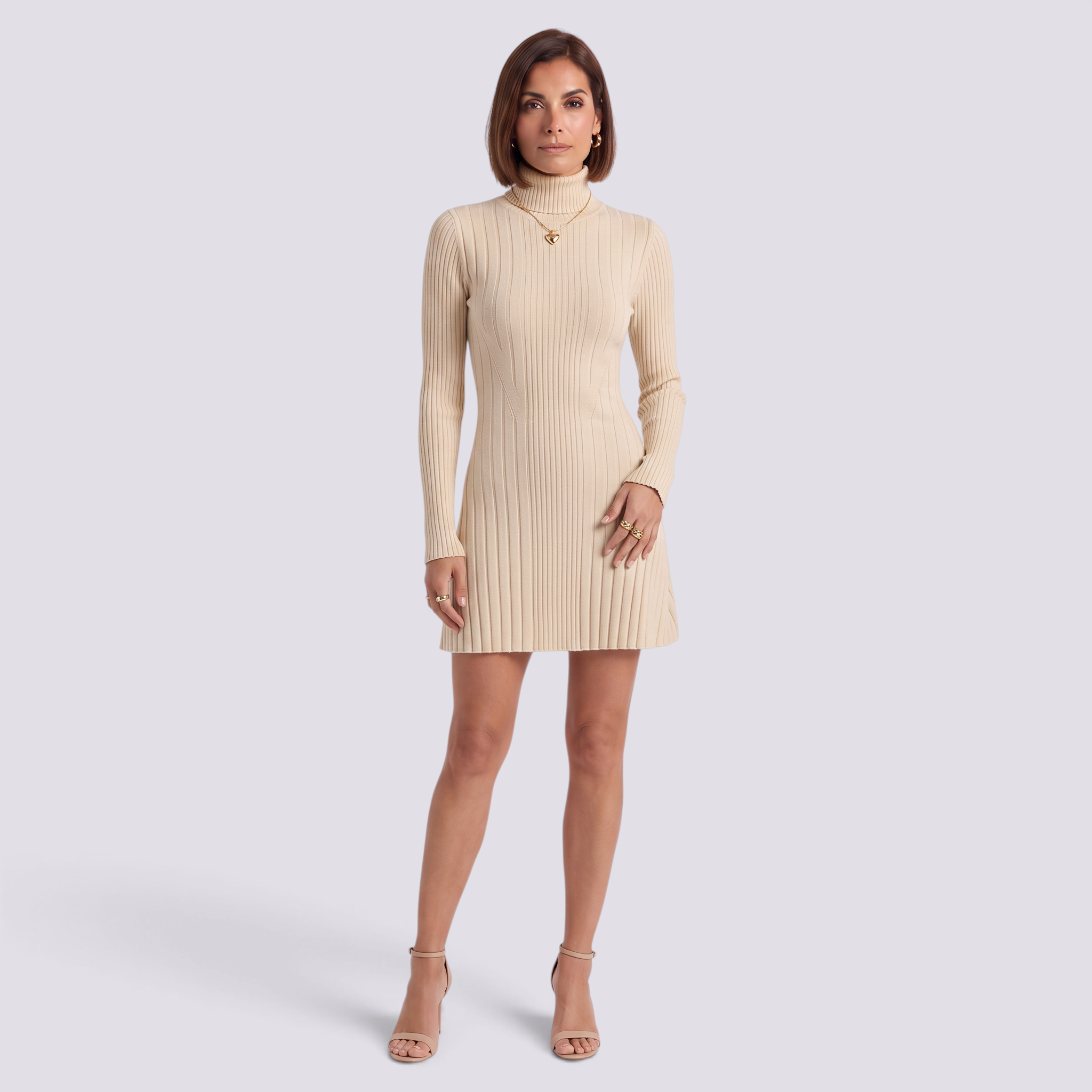 Vestido mini de punto canalé color albaricoque con cuello alto, vista frontal