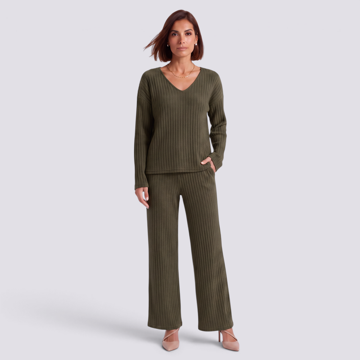 Conjunto Punto Mujer Pantalón Ancho - Verde Militar - Frontal