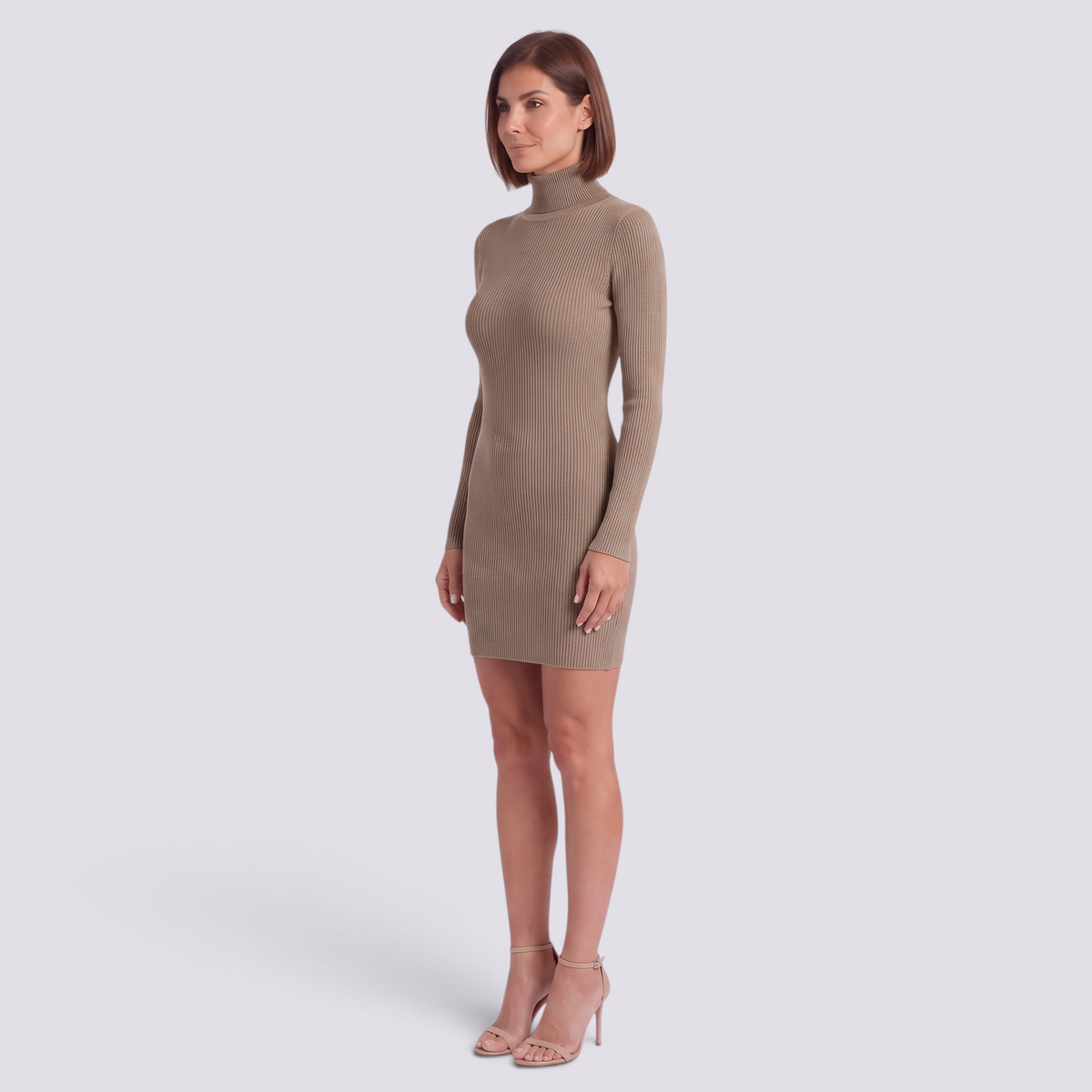 Vestido Mini Canalé Cuello Alto Mujer - Caqui - Lateral