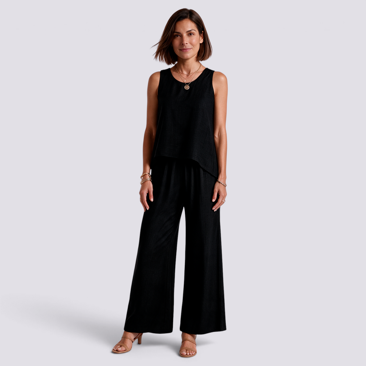 Conjunto Top Calado Pantalón Ancho Mujer - Negro - Frontal