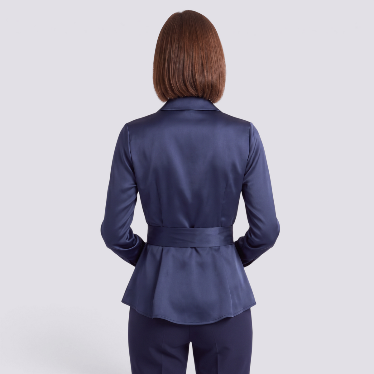 Camisa Satinada Mujer Cinturón Cruzado - Azul Marino - Espalda