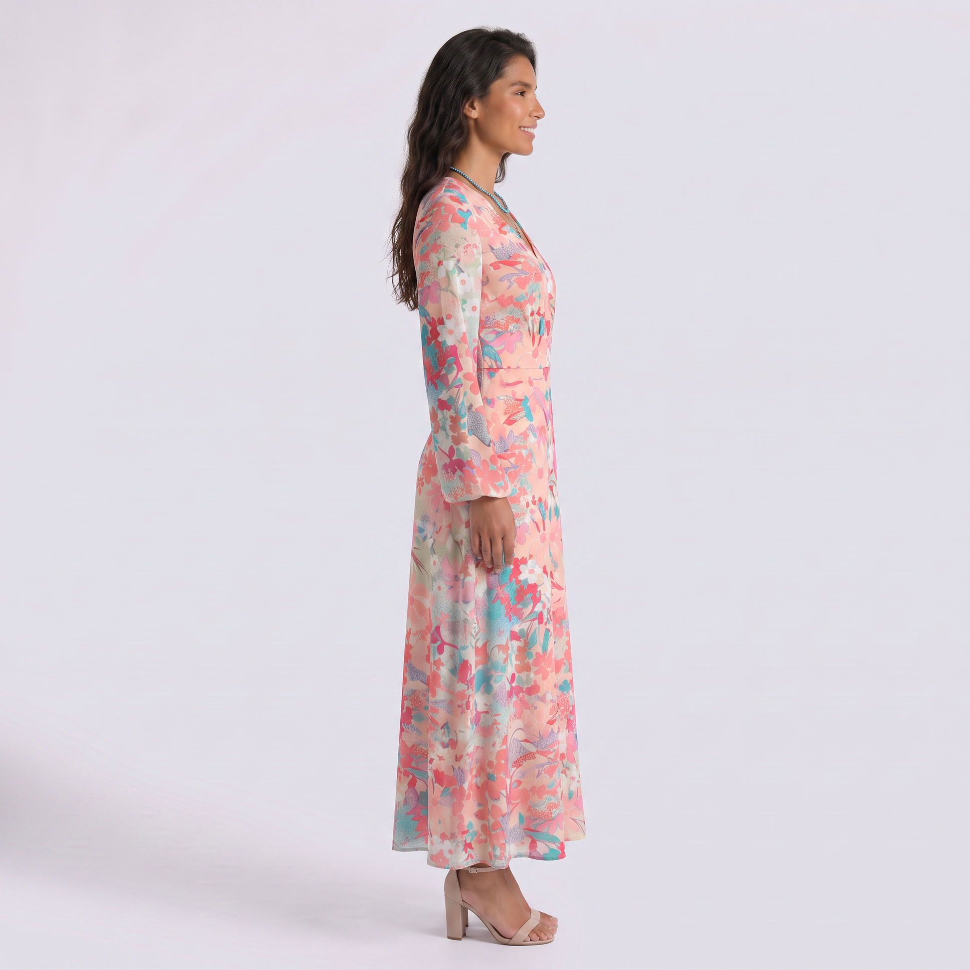 Vestido Largo Estampado Escote V Manga Larga - Rosa - Vista Lateral