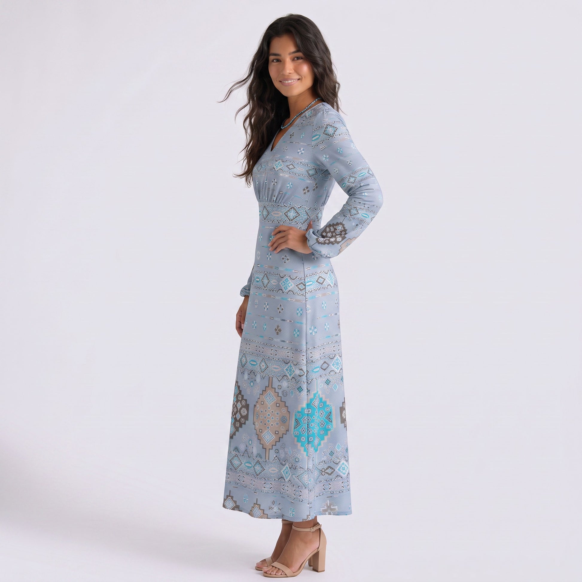 Vestido Largo Estampado Escote V Manga Larga - Azul - Vista Lateral