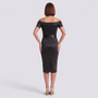 Vestido midi brillante negro de hombros descubiertos, vista trasera
