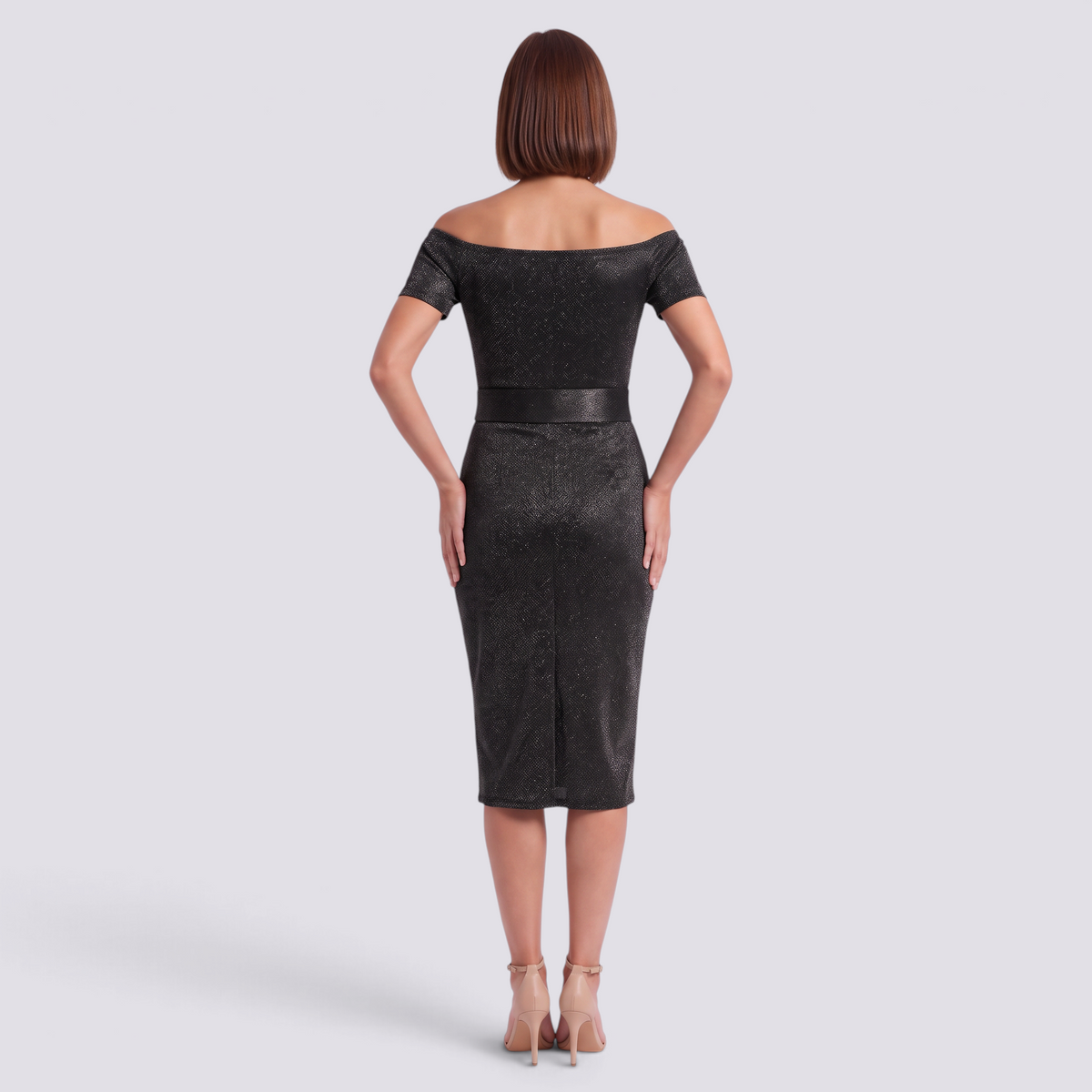 Vestido midi brillante negro de hombros descubiertos, vista trasera