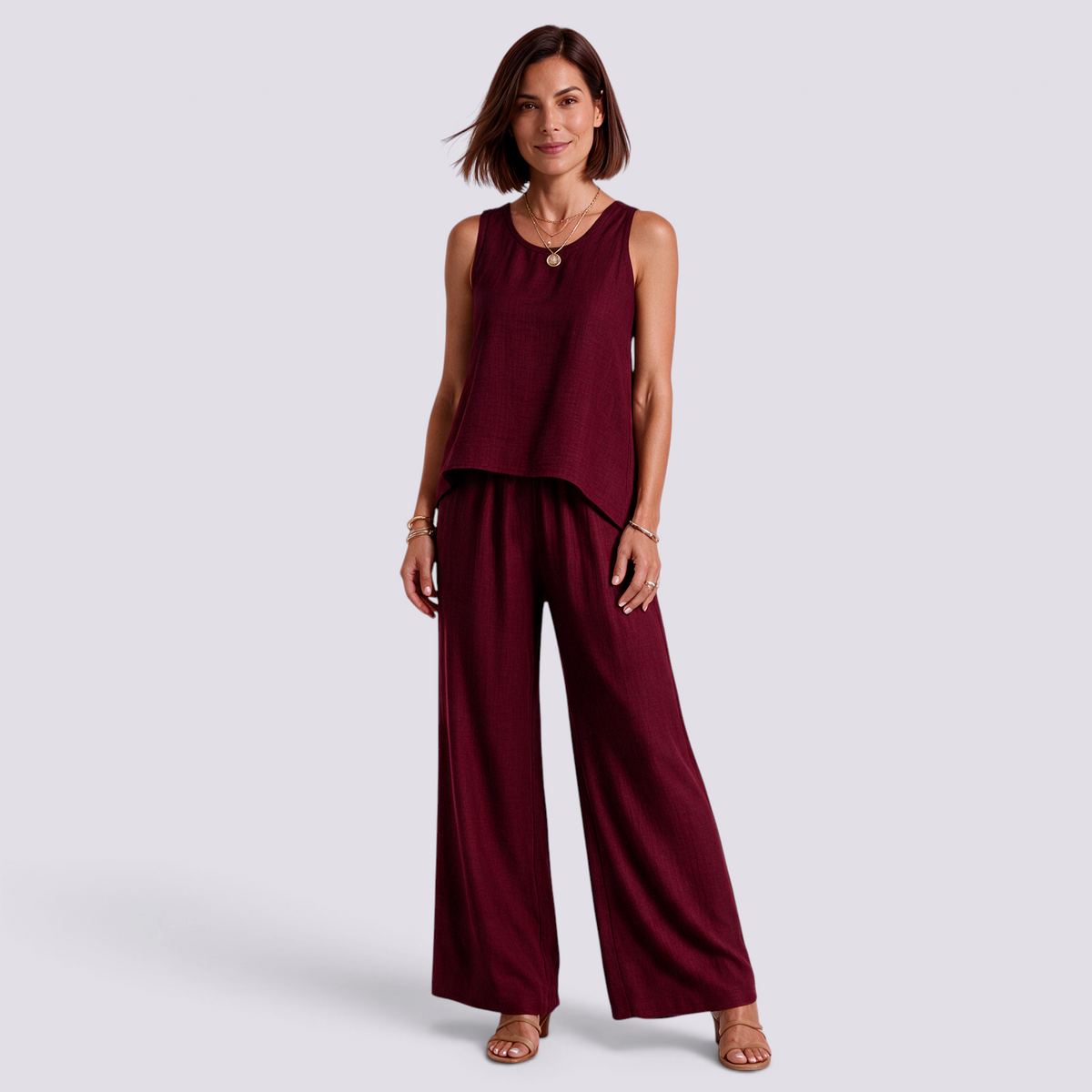 Conjunto Top Calado Pantalón Ancho Mujer - Burdeos - Frontal