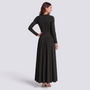 Vestido largo mujer manga larga con falda fruncida en color negro, vista trasera