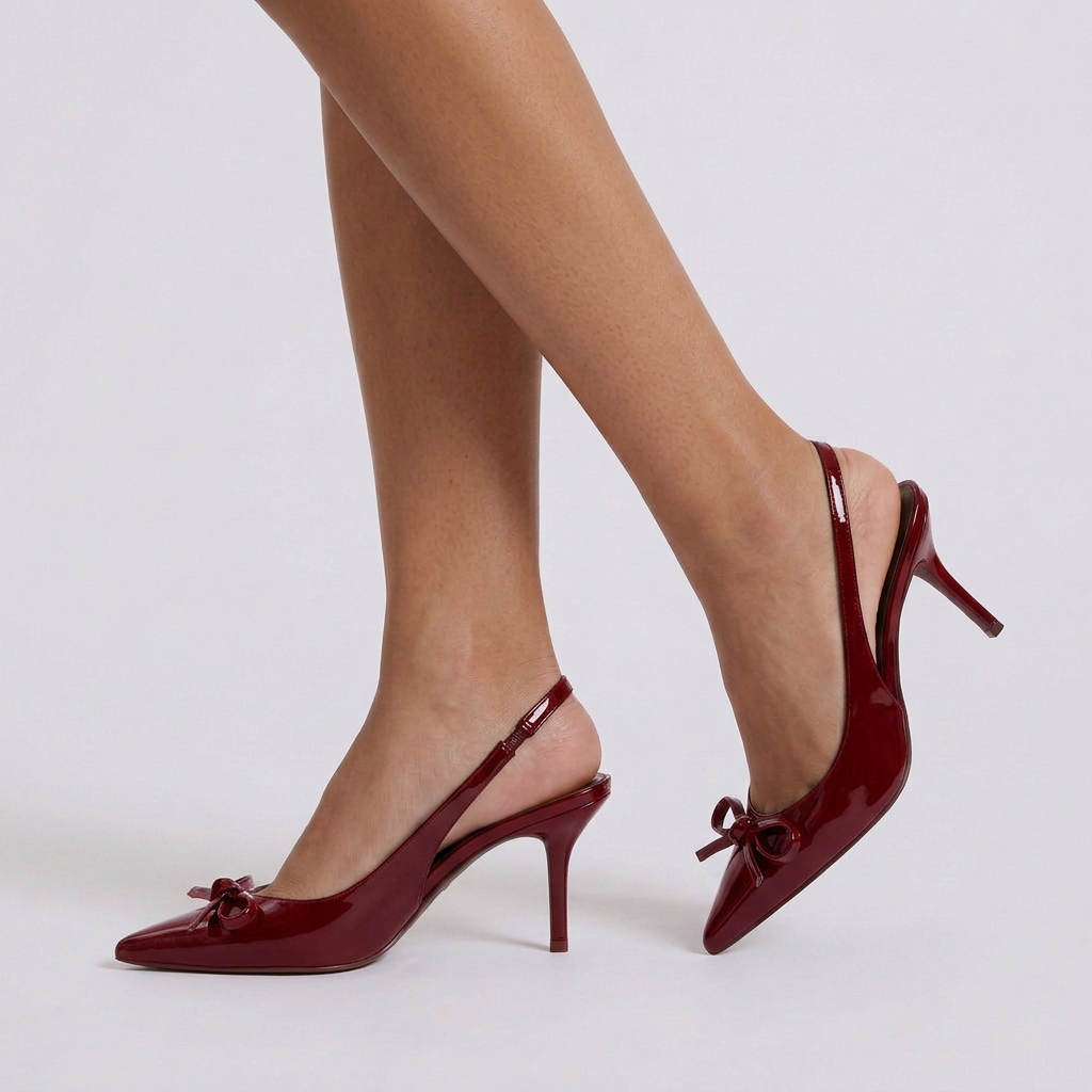 Zapatos destalonados de tacón fino con lazo, color Burdeos, vista lateral