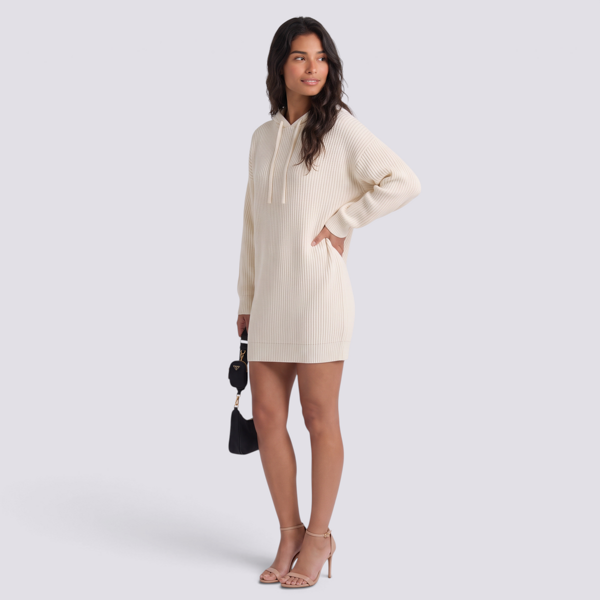 Vestido Punto Capucha Oversize Mujer Manga Larga - Blanco - Lateral