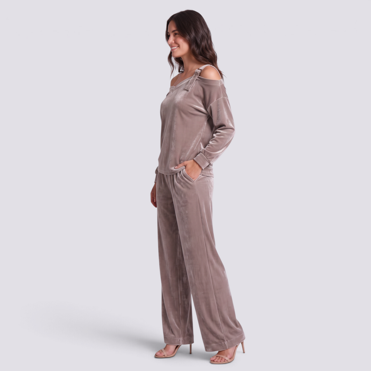 Conjunto Mujer Hombro Asimétrico y Pantalón Ancho - Marrón Topo - lateral