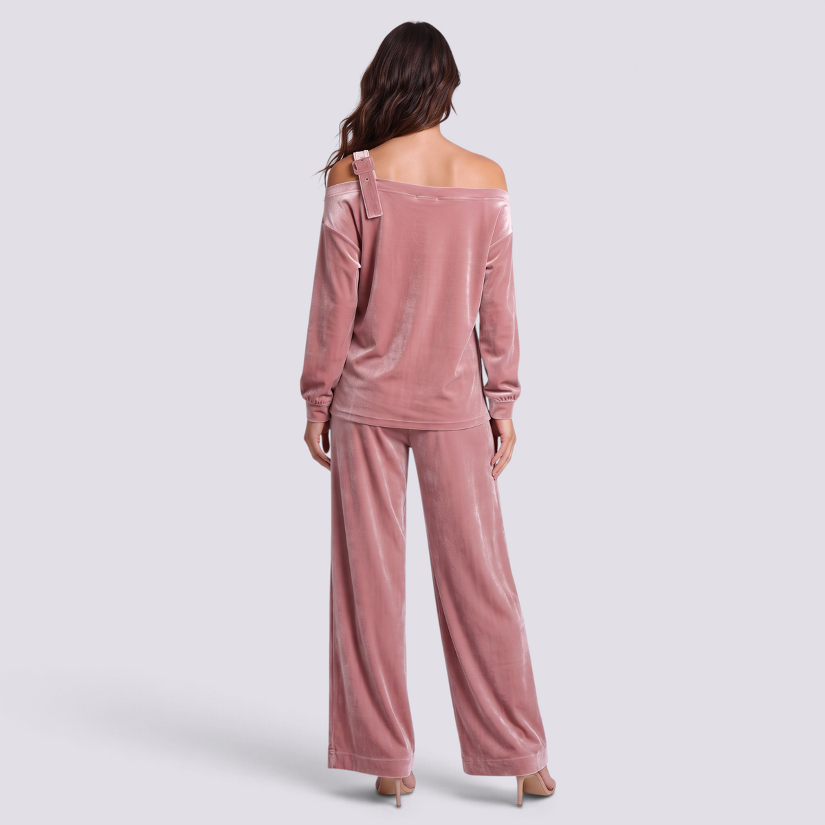 Conjunto Mujer Hombro Asimétrico y Pantalón Ancho - Rosa - trasera