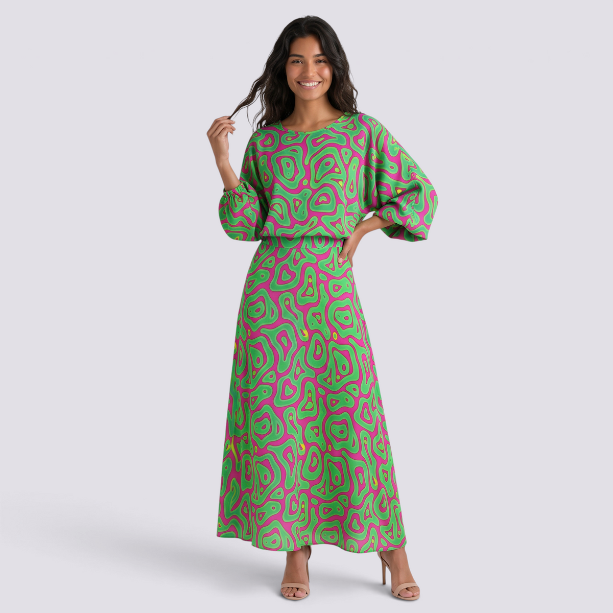 Conjunto Estampado Top y Falda Mujer - Verde y Fucsia - front