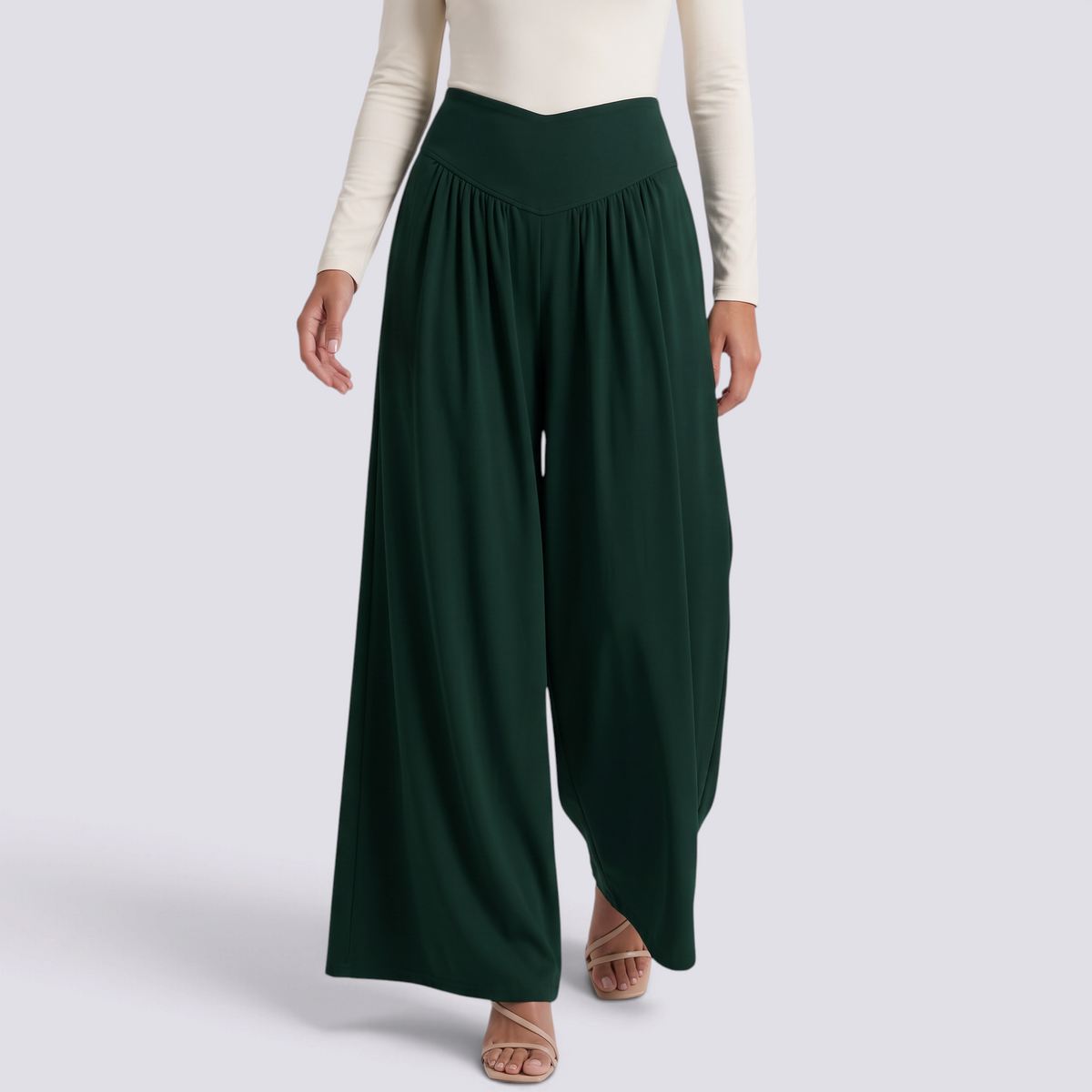 Pantalón palazzo mujer extra ancho con frunces en verde oscuro, vista frontal