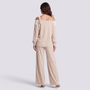 Conjunto Mujer Hombro Asimétrico y Pantalón Ancho - Beige - trasera
