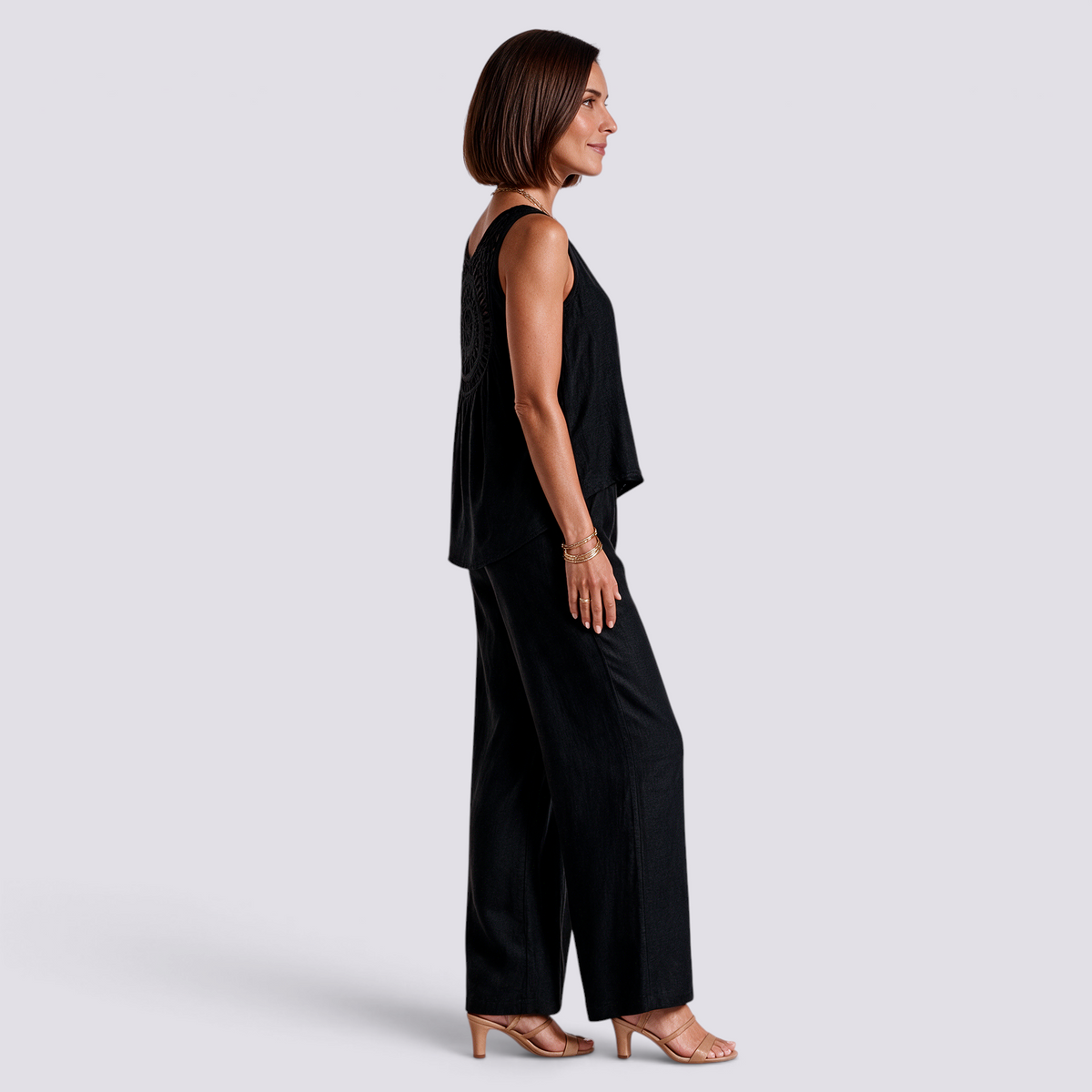 Conjunto Top Calado Pantalón Ancho Mujer - Negro - Lateral