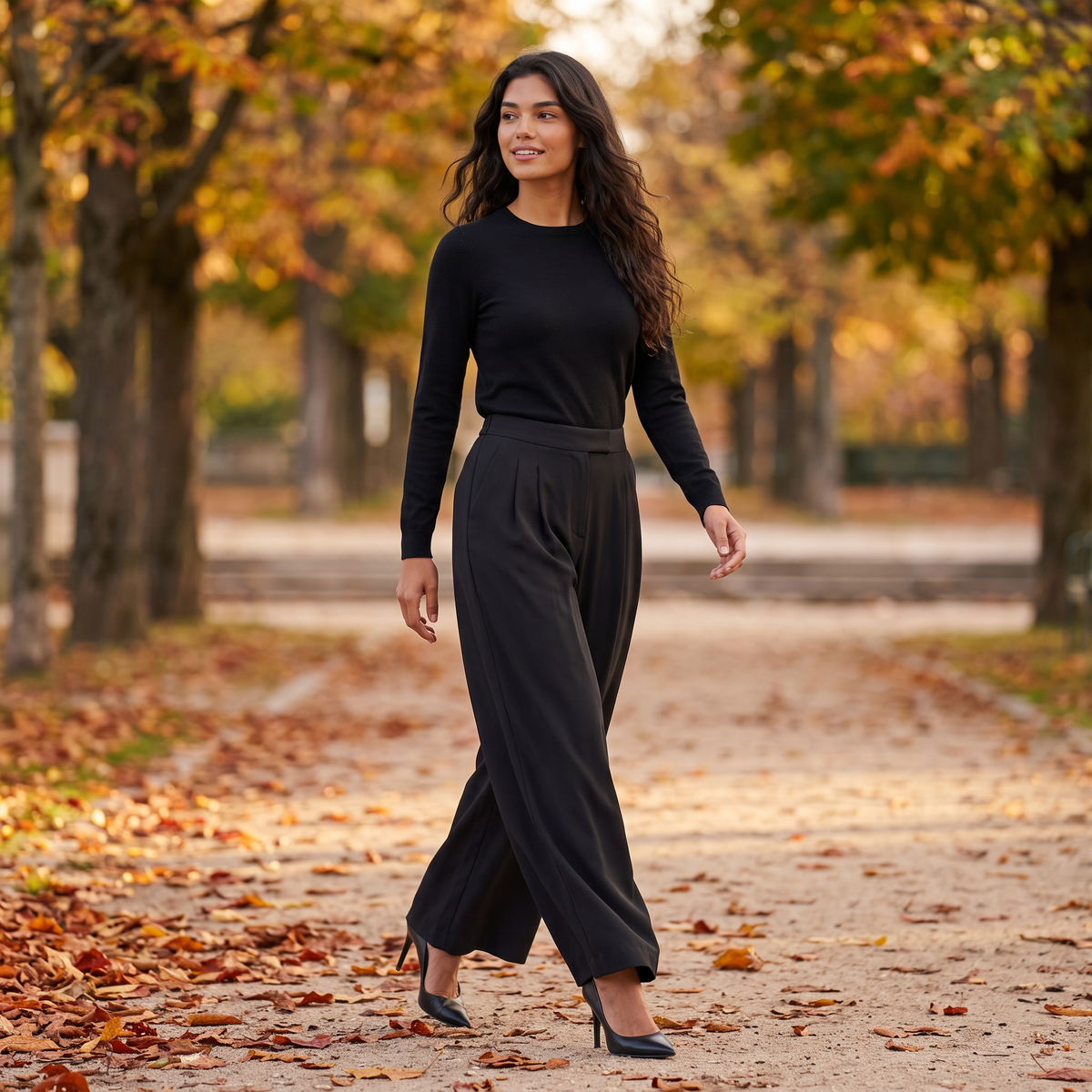 Pantalón Palazzo Plisado Mujer - Negro - Look de calle