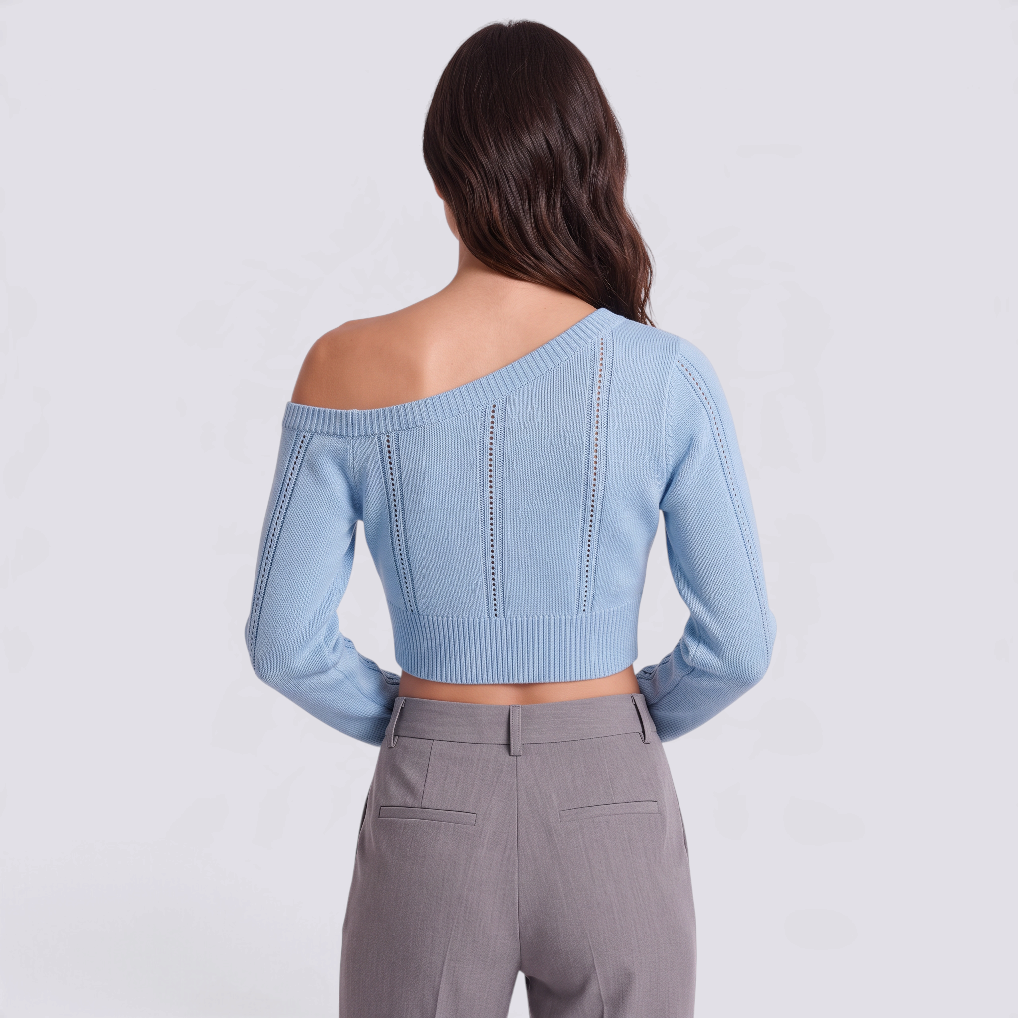 Jersey corto de mujer con hombro descubierto en azul, vista trasera