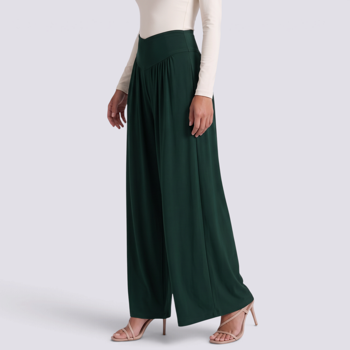 Pantalón palazzo mujer extra ancho con frunces en verde oscuro, vista lateral