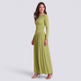 Vestido largo mujer manga larga con falda fruncida en color verde claro, vista lateral
