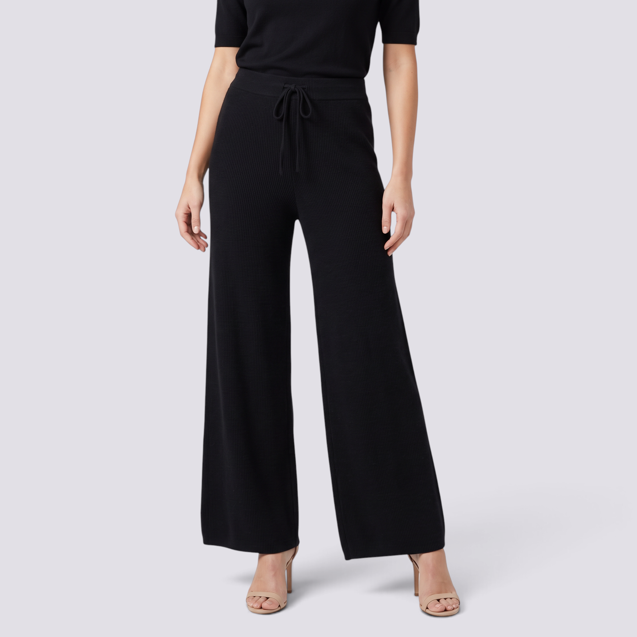 Pantalón Punto Ancho Mujer Cintura Alta - Negro - Frontal